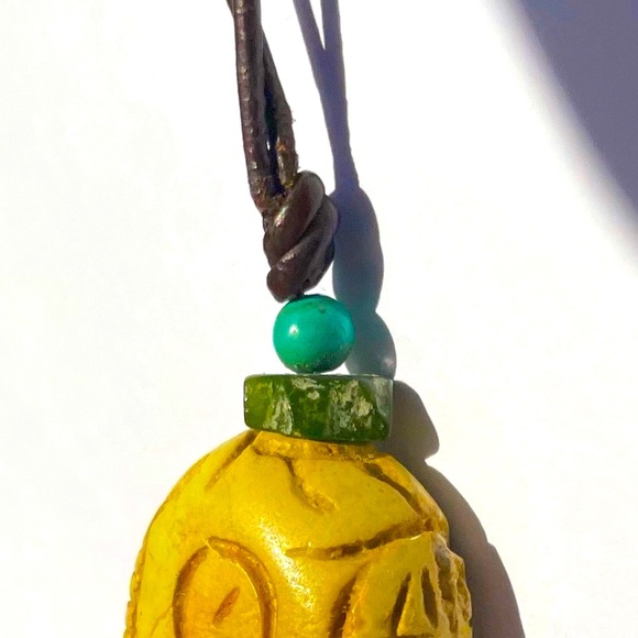 Yellow Turquoise Pendant with Peridot and Blue Turquoise on Leather Handmade - Picture 4 of 4